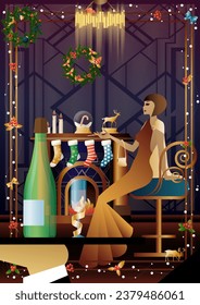 Well dressed human near a decorated fireplace with friends on New Year s Eve in a luxury restaurant or at home. Concept for holiday, winter holidays, New Year, Christmas