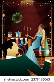 Well dressed human near a decorated fireplace with friends on New Year s Eve in a luxury restaurant or at home. Concept for holiday, winter holidays, New Year, Christmas