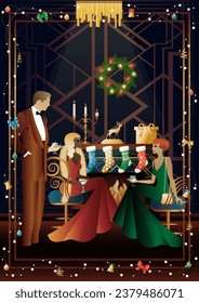 Well dressed human near a decorated fireplace with friends on New Year s Eve in a luxury restaurant or at home. Concept for holiday, winter holidays, New Year, Christmas