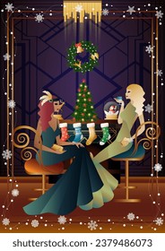 Well dressed human near a decorated fireplace with friends on New Year s Eve in a luxury restaurant or at home. Concept for holiday, winter holidays, New Year, Christmas