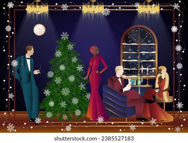 Well dressed human near a decorated Christmas tree with friends on New Year s Eve in a luxury restaurant or at home. Concept for holiday, winter holidays, New Year, Christmas