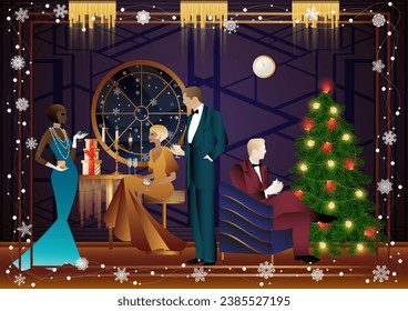 Well dressed human near a decorated Christmas tree with friends on New Year s Eve in a luxury restaurant or at home. Concept for holiday, winter holidays, New Year, Christmas