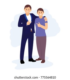 
A well dressed man and a boy appreciating while  pointing towards each other 
