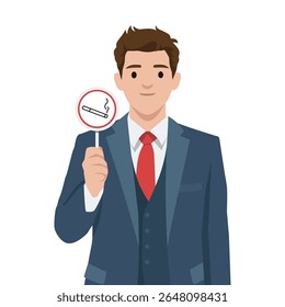 Well dressed man in a suit and red tie firmly holds a no smoking sign, promoting clean environment. Flat vector illustration isolated on white background