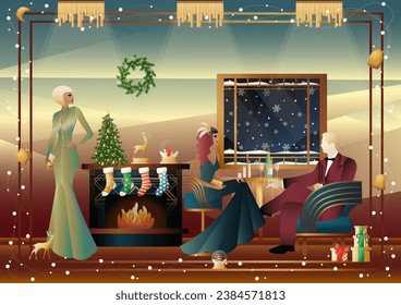 Well dressed people near a decorated fireplace with friends on New Year s Eve in a luxury restaurant or at home. Concept for holiday, winter holidays, New Year, Christmas