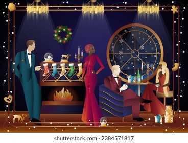 Well dressed people near a decorated fireplace with friends on New Year s Eve in a luxury restaurant or at home. Concept for holiday, winter holidays, New Year, Christmas