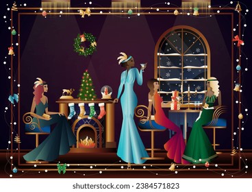 Well dressed people near a decorated fireplace with friends on New Year s Eve in a luxury restaurant or at home. Concept for holiday, winter holidays, New Year, Christmas