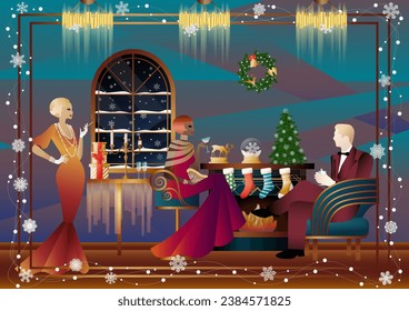 Well dressed people near a decorated fireplace with friends on New Year s Eve in a luxury restaurant or at home. Concept for holiday, winter holidays, New Year, Christmas
