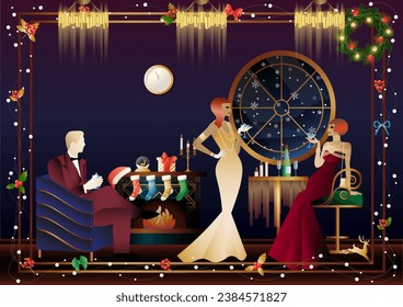 Well dressed people near a decorated fireplace with friends on New Year s Eve in a luxury restaurant or at home. Concept for holiday, winter holidays, New Year, Christmas