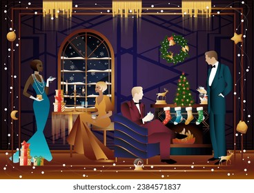 Well dressed people near a decorated fireplace with friends on New Year s Eve in a luxury restaurant or at home. Concept for holiday, winter holidays, New Year, Christmas