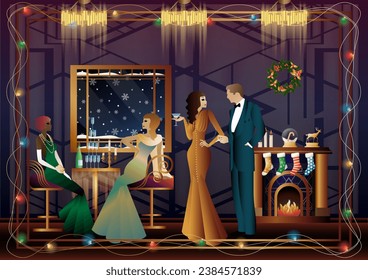 Well dressed people near a decorated fireplace with friends on New Year s Eve in a luxury restaurant or at home. Concept for holiday, winter holidays, New Year, Christmas