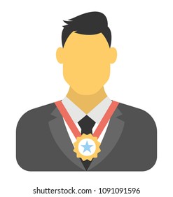 
A Well Dressed Person Presented As An Employee Wearing Medal Showing To Be An Employee Of The Month
