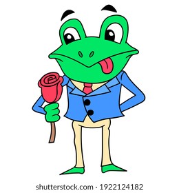 a well dressed romantic frog carrying a rose is ready for a date. vector illustration art, doodle icon image kawaii.