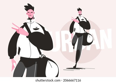 Well dressed urban guy vector illustration. Stylish man dressed in sport costume showing peace sign flat style. Fashion and street style concept. Isolated on pink background