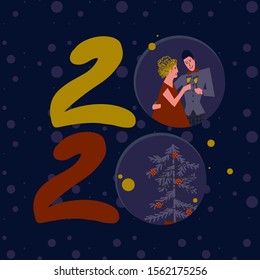 Well dressed young couple celebrates New Year and drinks sparkling wine.  Two thousand twenty new year lettering. Christmas windows. New year party - Vector