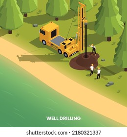 Brunnenbohrungen in der isometrischen Zusammensetzung des Waldes mit Bohrmaschine und Arbeiter in der Nähe von Fluss 3d Vektorgrafik
