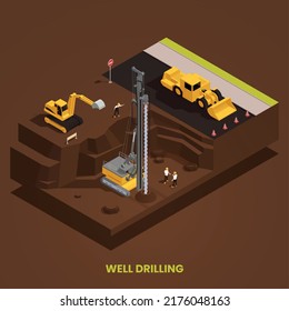 Well drilling in foundation pit with drill rig and excavator isometric composition on brown background 3d vector illustration