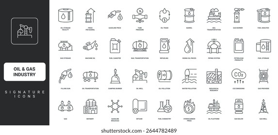 Well drilling and offshore platform, pump thin black outline symbols vector illustration. Oil and gas industry, barrel and tank for storage, refinery plant, fuel station line icon set.