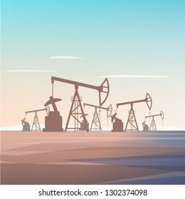 Well Drilling for Oil Extraction from Depths Earth. Flat Vector Illustration Industrial Zone Oil Refinery Company. Business World Corporation. Silhouette Plant on Background Rising Sun in Desert.