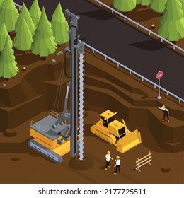 Well drilling process with drill rig machinery outside town near road 3d isometric vector illustration