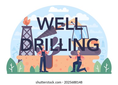 Well drilling typographic header. Petroleum industry, pumpjack platform extracting crude oil from the bowels of the earth. Oil production business. Isolated flat vector illustration