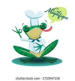 The well fed frog chef praises the food. Vector illustration.