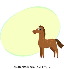 Well gromed brown horse with big eyes, cartoon vector illustration with space for text. Cute and funny farm horse with friendly face and big eyes