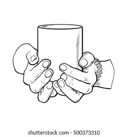 well groomed female hand holding cup and tea coffee  sketch style vector illustration isolated white background  Realistic drawing beautiful hand holding mug and hot beverage