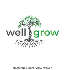 Logotipo de crecimiento saludable con silueta estilizada de árbol y persona que crece fuerte y saludable que promueve el bienestar