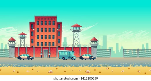 Well guarded city prison building with watchtowers on high brick fence, armed securities, bus for prisoners transportation and police convoy escort cars at jail steel gates cartoon vector illustration