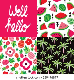 Well hello hand lettering and tropical hot summer palm tree pineapple and water melon seamless background pattern set in vector