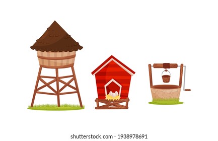 Well, Hen House and Bird Hut as Village Elements Vector Set