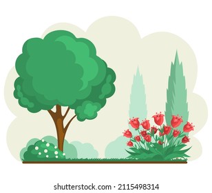 Well maintained garden with trimmed bushes and trees. Landscaping, gardening, working with plants concept. Garden landscape with green spaces. Plants, trees, bushes and flowers in nature landscape