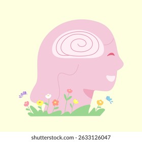 Well mental health and positive thinking. Woman head with organined thoughts with flower garden. Mental well-being. Emotional support. Optimistic mindset and feeling. Flat vector illustration.