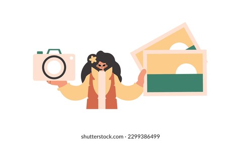 La mujer acomodada sostiene una cámara y fotografías en sus manos. Retirada sobre cimientos blancos. Estilo de moda, Ilustración vectorial