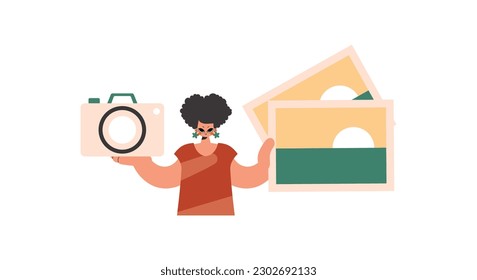 The well off lady holds a camera and photographs in his hands. Pulled back on white foundation. Trendy style, Vector Illustration