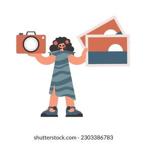 The well off lady holds a camera and photographs in his hands. Pulled back on white foundation. Trendy style, Vector Illustration