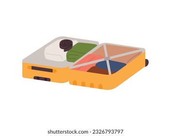 Ropa bien organizada y doblada en maleta, ilustración vectorial plana aislada en fondo blanco. Concepto de embalaje de bolsitas. Vacaciones de verano o preparación para viajes de negocios.