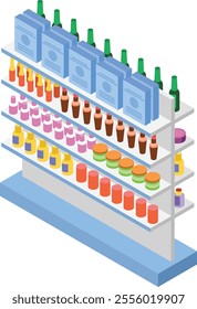 Well organized supermarket shelf displaying a variety of products, including packaged goods, beverages, and cosmetics, in an isometric perspective highlighting item arrangement