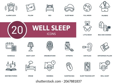 Well Sleep icon set. Collection of simple elements such as the alarm clock, pillow, bed, milk and cookies, schedule, dreamcatcher, sleep mask.