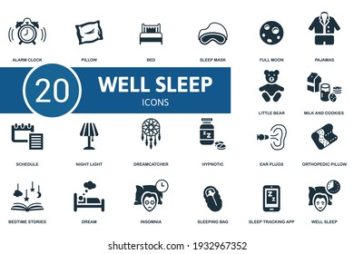 Well Sleep icon set. Contains editable icons well sleep theme such as pillow, sleep mask, pajamas and more.