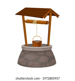 Well as Stone Structure in the Ground for Accessing Water with Bucket Raising by Pulling Rope Vector Illustration