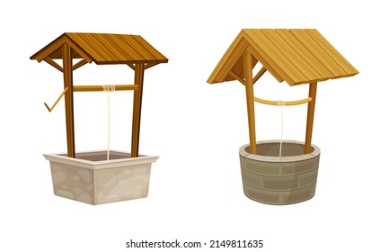 Well as Stone Structure in the Ground for Accessing Water Vector Illustration Set