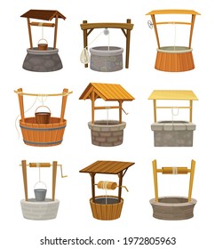 Well as Stone or Wood Structure in the Ground for Accessing Water with Bucket Raising by Hand Using Winch Vector Set