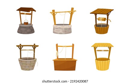 Well as Stone or Wood Structure in the Ground for Accessing Water with Bucket Raising by Hand Using Winch Vector Set