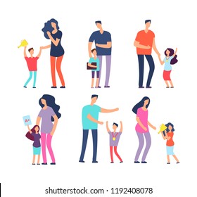 Well studied kids. Excellent pupils, praising parents and teachers. Students, school children, adult people vector cartoon characters. Illustration of praise kids, mother parent praising children