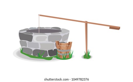 well tree bucket water stone grass vector