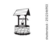 Well Vector Collection Set, Eye-Catching well Water Vector Illustration Isolated And Outline Vector, Water Well With Wooden Bucket, Vector Old Ancient Village Water Tank. Water Supply Well Drawing.