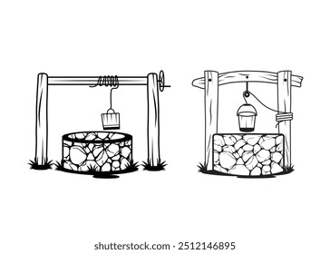 Brunnen Vektor Sammlung Set, Blickfang Brunnen Wasser Vektor Illustration isoliert und Umrissvektor, Wasser Brunnen mit Holzeimer, Vektor alte Dorf Wassertank. Wasserversorgung Brunnen Zeichnung.