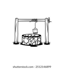 Well Vector Collection Set, Eye-Catching well Water Vector Illustration Isolated And Outline Vector, Water Well With Wooden Bucket, Vector Old Ancient Village Water Tank. Water Supply Well Drawing.